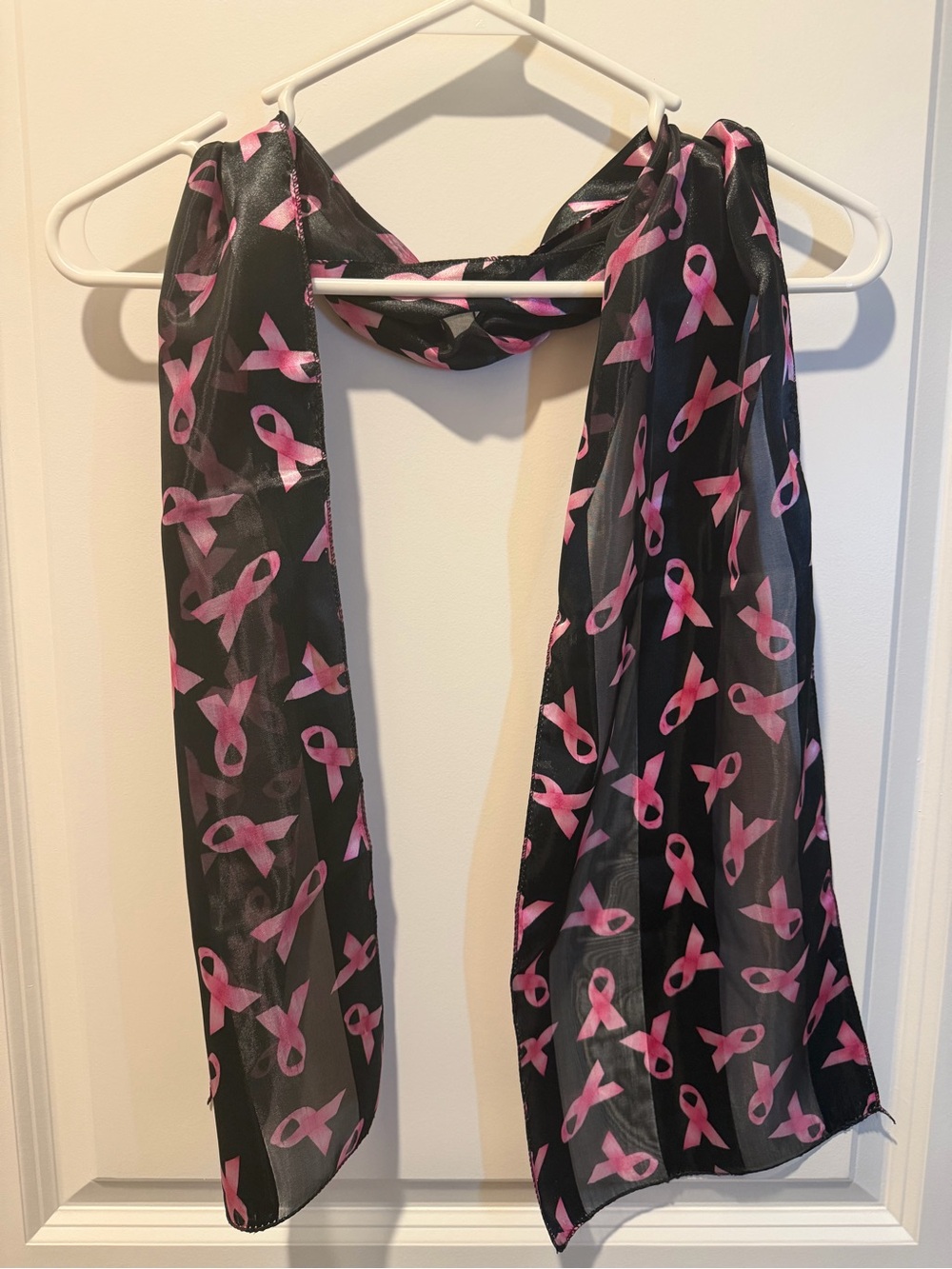 Black Sheer Scarf with Pink Ribbon Print - Women Accessories